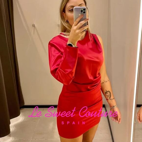 NWT Zara Red Asymmetric Satin Effect Dress. - Picture 2 of 5